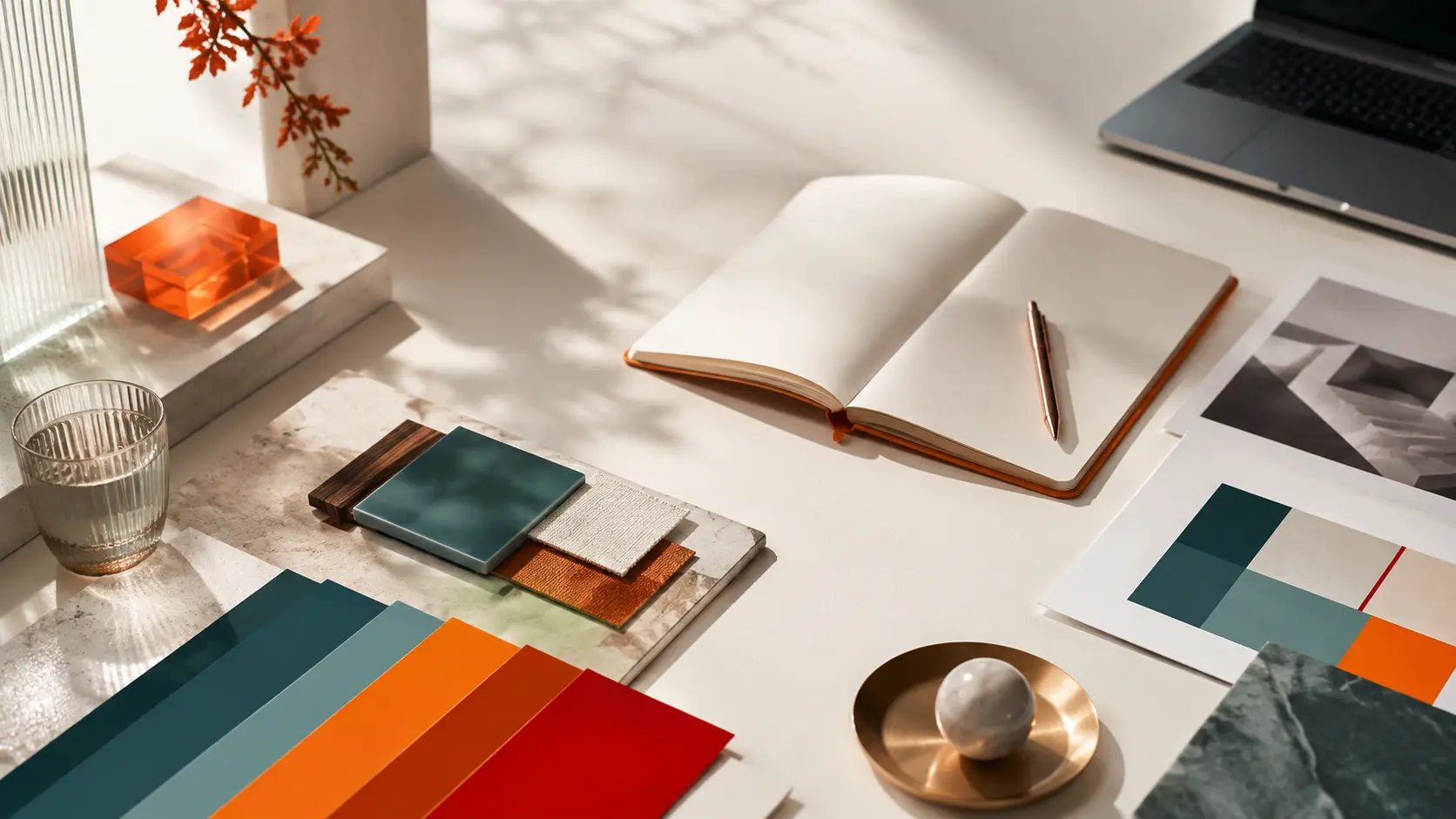 Sunlit desk with an open notebook, a laptop, and orange and teal brand color swatches