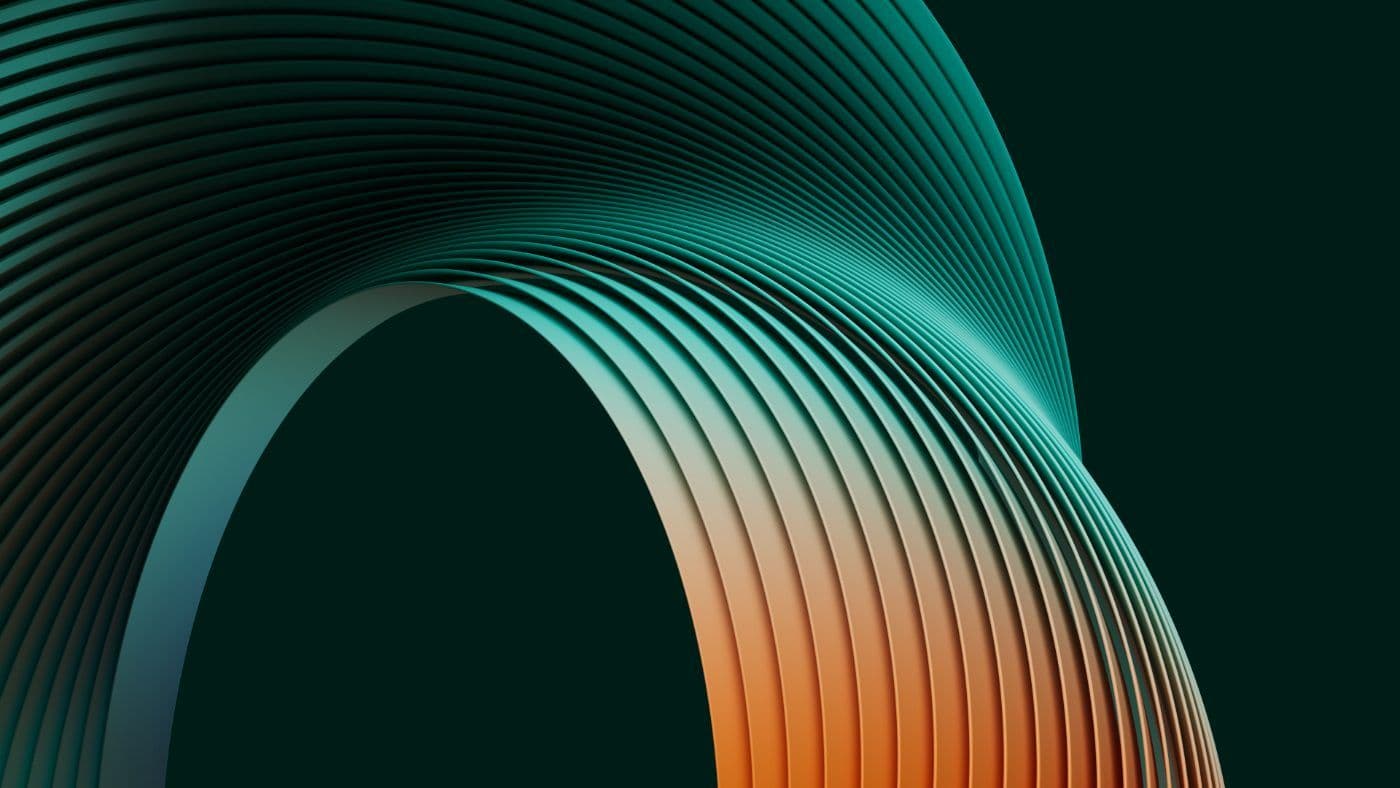 Abstract layered ribbons sweeping in an arc, shading from teal to orange, on a near-black green background